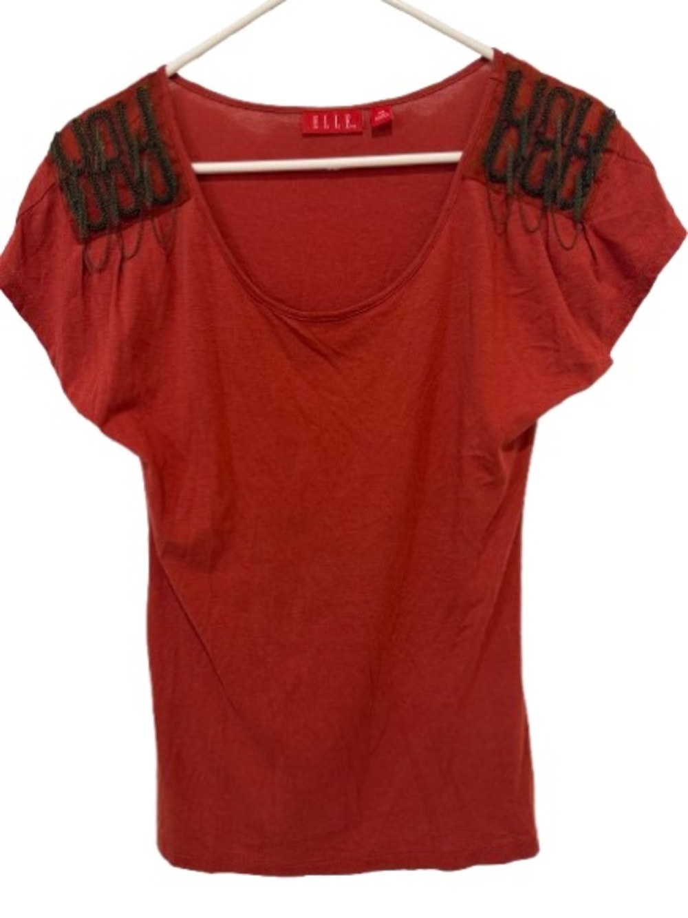 Elle Poppy Red Embellished Shoulder Cap Sleeve Knit Top Size XS